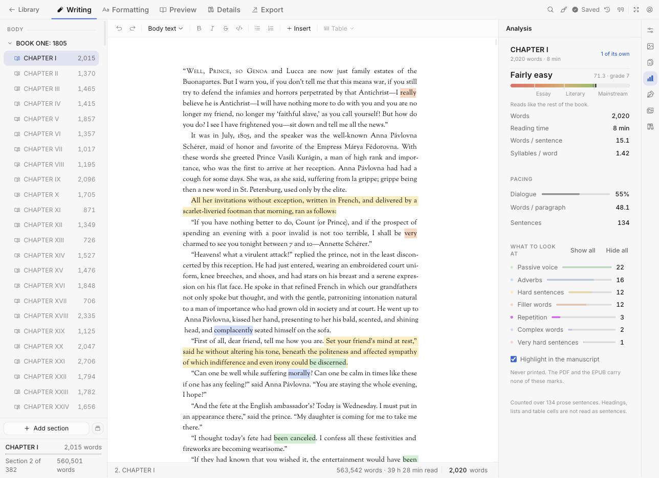 The studio: a chapter of War and Peace with its adverbs, passive voice, filler and hard sentences highlighted in the prose, the chapter outline on the left and the Analysis panel on the right.