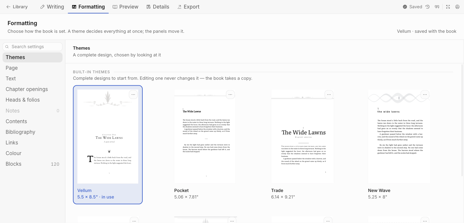 The Formatting screen. A column of panel names on the left — Themes, Page, Text, Chapter openings — and a grid of book themes, each shown as a typeset page with its name and trim size beneath. The one in use is outlined.