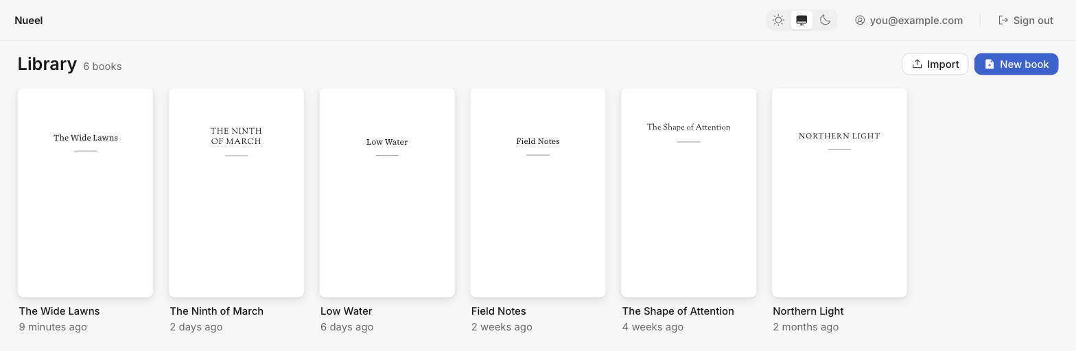 The Nueel library: a shelf of six books, each with a typeset cover, and the buttons to import another or start a new one.