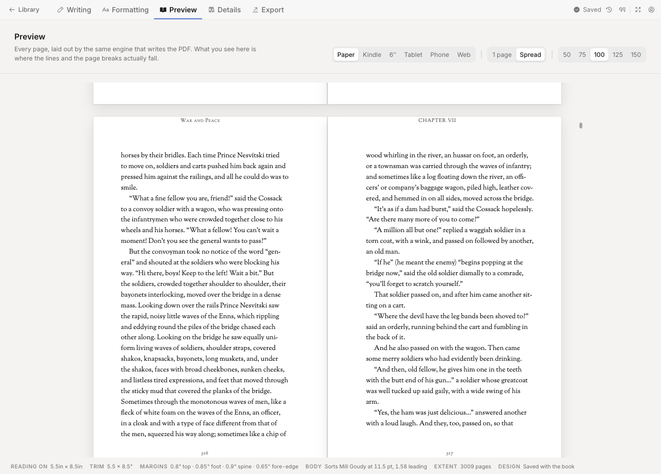The Preview screen showing two facing pages of a novel at 5.5 by 8.5 inches, with running heads, page numbers and justified text.