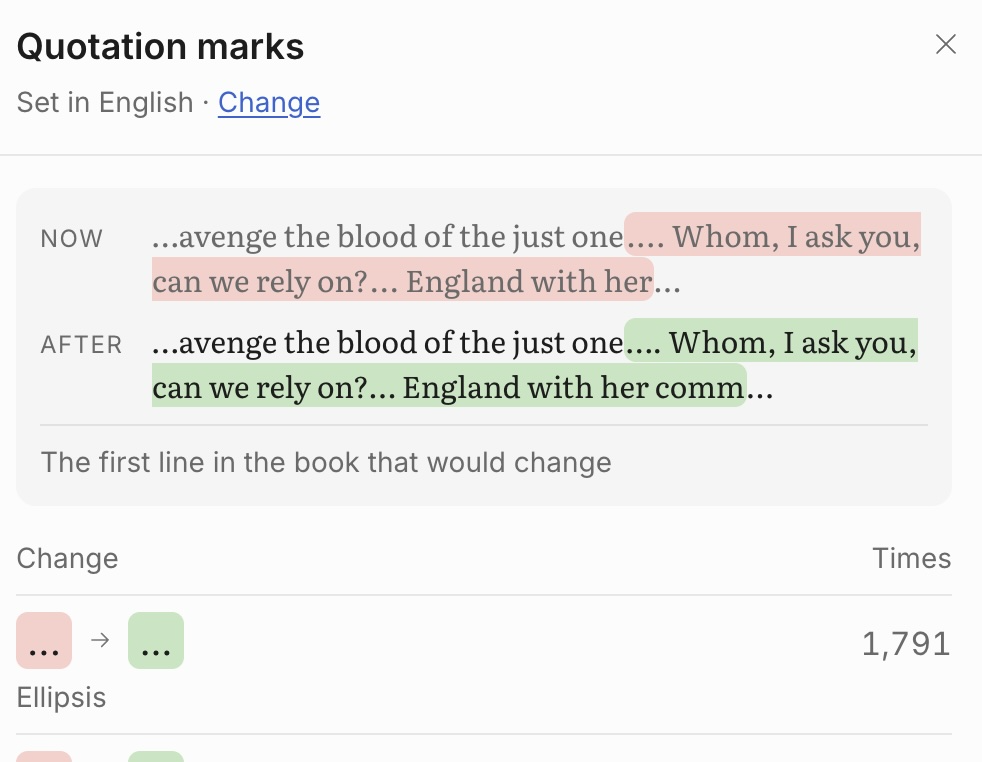 The Quotation marks dialog listing substitutions grouped by kind — apostrophe, single quote, double quote, ellipsis — each with a count and the change it will make.