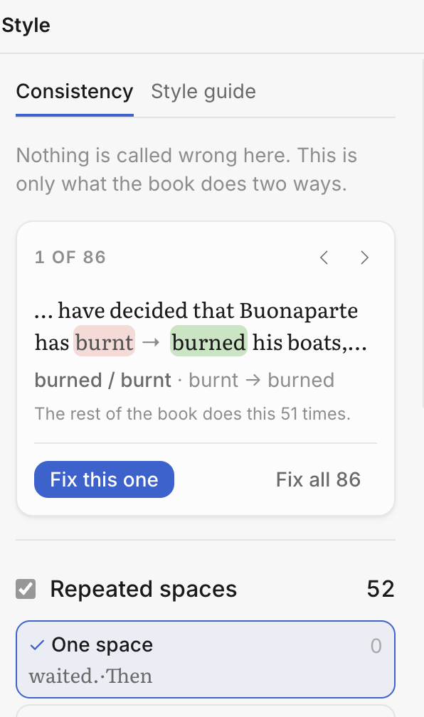The Style panel on its Consistency tab, showing a sentence with 'burnt' marked in red and 'burned' in green, the count of how often the rest of the book does it each way, and buttons reading 'Fix this one' and 'Fix all 86'.